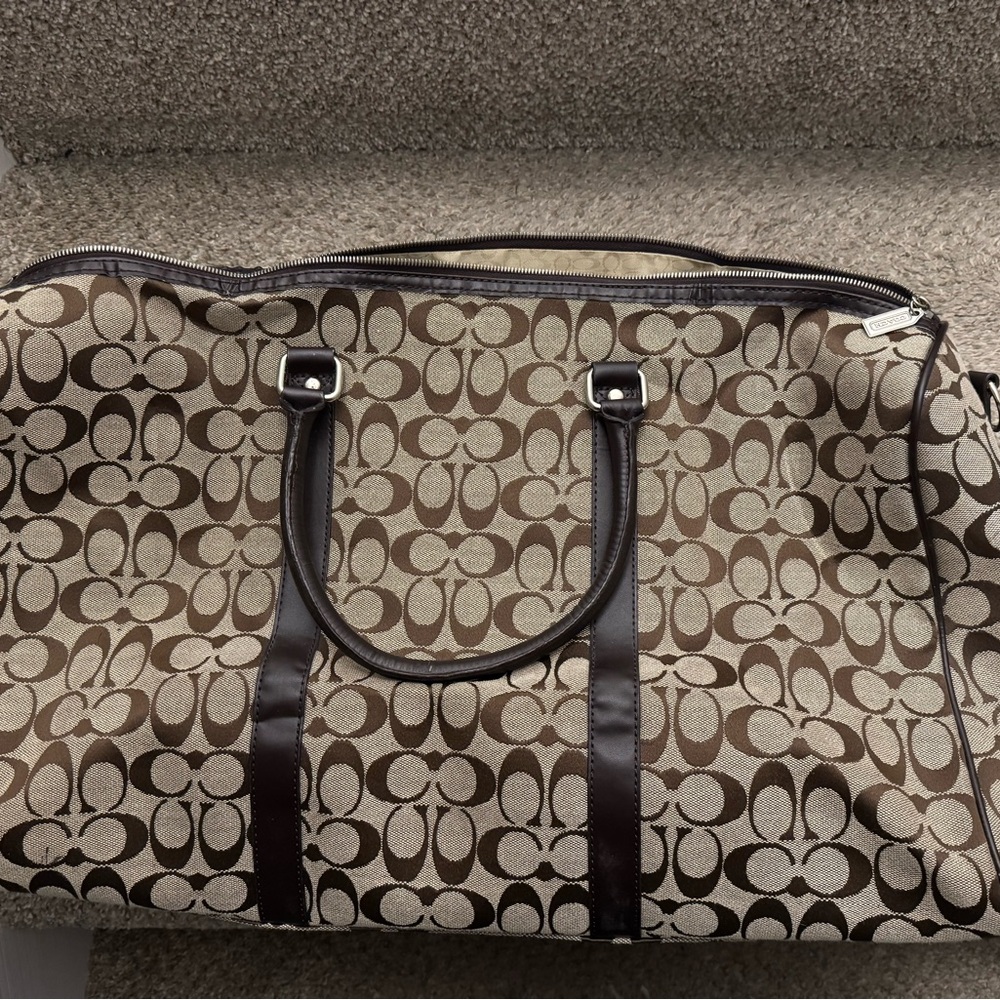 Coach duffle bag khaki/brown w/strap slight wear/tear. - Picture 2 of 14